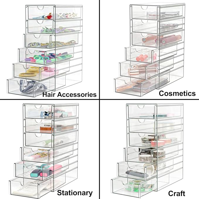 Clear Drawer Organizer, Transparent Plastic Storage Drawers, Hair Accessaries Organizer Case Display Stand, Acrylic Organizers for Organizing Eyeglass, Hair Ties, Accessories (Large - 6-Drawer)