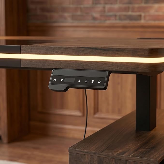 MOUMON 63" Executive Standing Desk with Storage Pedestals and LED Lights, Electric Height Adjustable Desk with Shelves and Built-in Outlets, Walnut and Black 63" W x 27.6" D x 29.4"-46.9" H