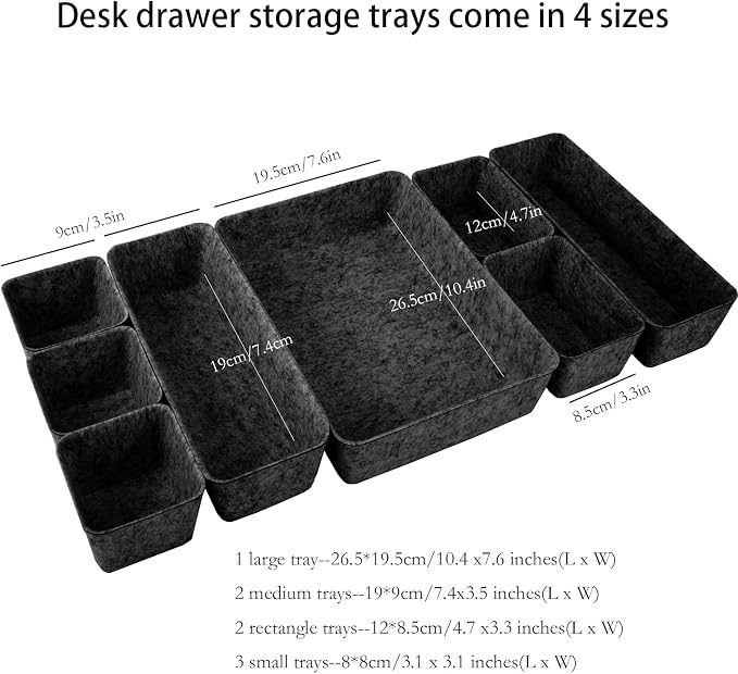 Desk Drawer Organizer Bins, 8pcs Felt Shallow Bathroom Storage Trays, Office Accessories & Workspace Organizers Jewelry & Makeup Boxes Containers(Black)