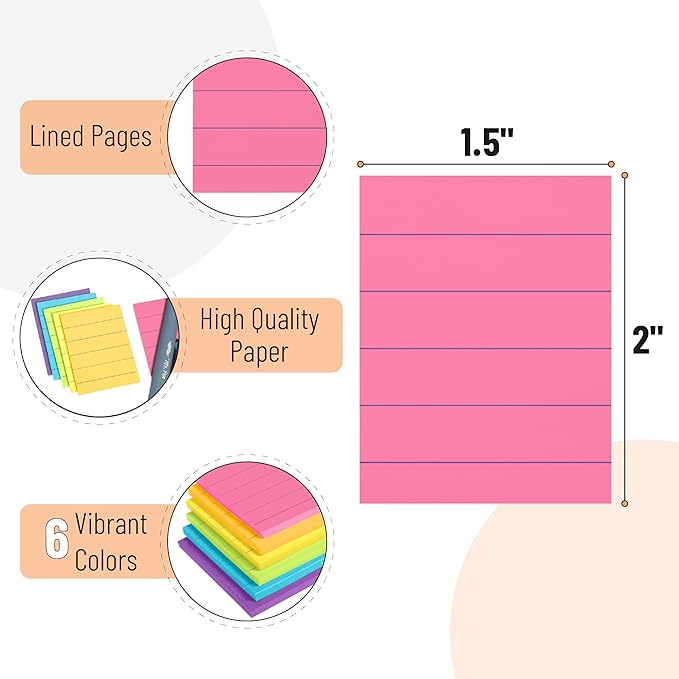 Mr. Pen- Small Lined Sticky Notes, 1.5" x 2", 6 Pads, 60 Sheets/Pad | Vibrant Color, Small Sticky Notes with Lines, Ruled Post Stickies, Memo Pads, Self-Stick Note Pad for Office, School, Home