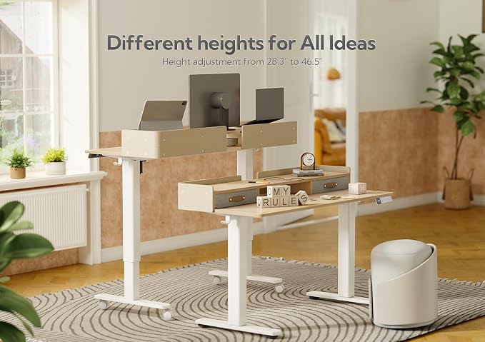 Claiks Standing Desk with Drawers & Wheels, 2 Height Shelf 55" Natural | 2 height adjust shelf, tabletop drawers, felt fence design, sturdy supports 176 lbs, 4 wheels, 2 tire monitor stand