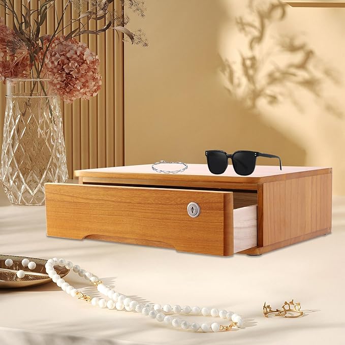Desktop Storage Box with Lockable Drawer, Office Supplies Drawer Organizer, Wooden Desk Organizer, Small Bamboo Storage Box for Desk, Modern Desktop Drawer Organizer (Wooden Yellow)