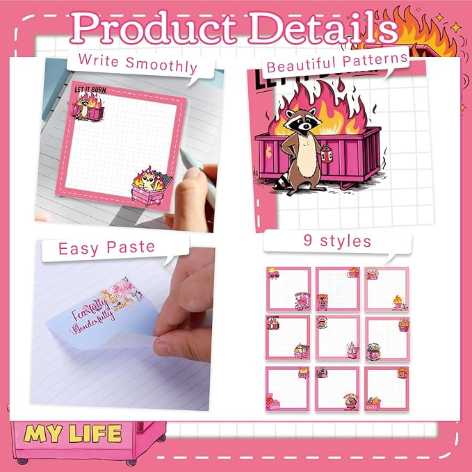 Funny Sticky Notes Gifts - 9 Pack Pink Dumpster on Fire Notepads for Work 3x3 Inch, Everything is Fine Self-Adhesive Memo Pads, Work Gag Office Supplies Gifts for Coworkers (450 Sheets)