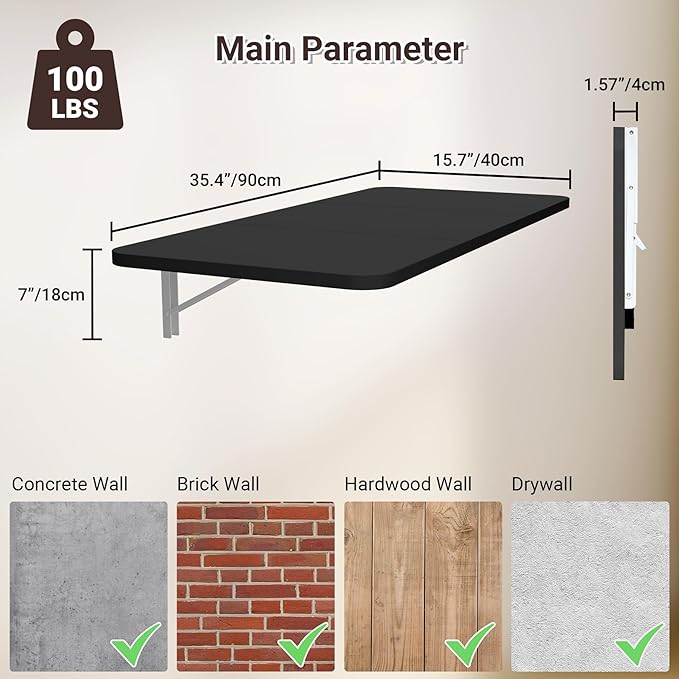 Wall Mounted Folding Desk 35.4” x 15.7”, Drop Down Table with Metal Collapsible Brackets, Folding Wall Table for Small Spaces, Home, Office, Kitchen, Laundry Room-Black