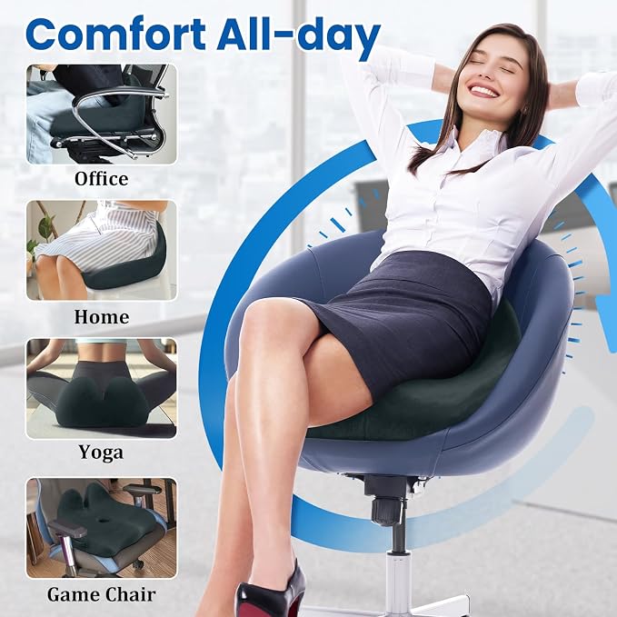 CushZone Seat Cushion, Memory Foam Office Chair Seat Cushion for Office Chairs/Car/Long Trip/Desk Chair/Gaming, Large Size for Sciatica & Hip & Tailbone Pain Relief, Sciatica Support (Deep Green)