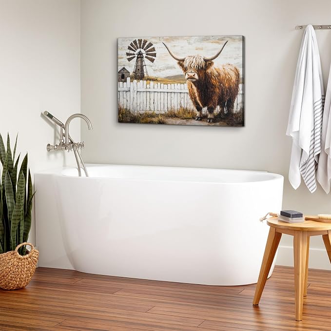 Country Farm Autumn Landscape Canvas Wall Art Vintage Longhorn Cow Pictures Farmhouse Kitchen Wall Decor Abstract Wild Animal Artwork for Walls Brown Cattle Posters Men's Bedroom Decorations 24x36"