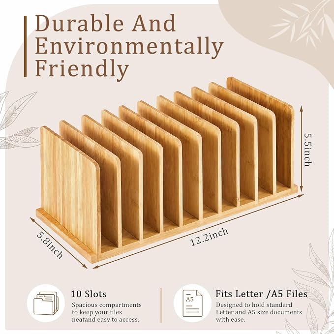 Suzile Bamboo File Mail Organizer for Desk, 10 Slot Vertical File Sorter,Letter Sorter, Desktop Mail Holder, Wooden Office Desk Organizer Countertop Paper Holders for Documents, Envelope