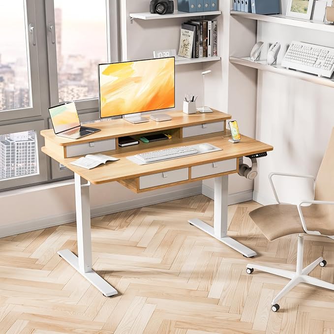 Kingant Electric Standing Desk with 4 Drawers,USB Charging Ports 48"x 30" | Ergonomic Height Adjustable Large Workstation, Heavy-Duty Sit Stand Up Desk For Home Office Daily Work,Nature