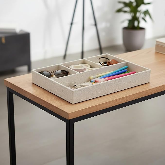UnionBasic Flat 4-Slot Drawer Tray Desk Stationery Sundries Gadget Organizer Storage Box Pen Pencil Holder Case Container, Beige