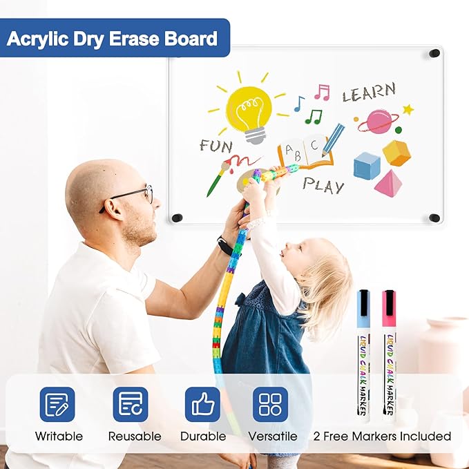 Large Clear Acrylic Dry Erase Board, 24" X 16" Black Non-Magnetic Frameless Clear White Board for Wall, Erasable Acrylic Board for Wall, Home, Office, School, 2 Markers