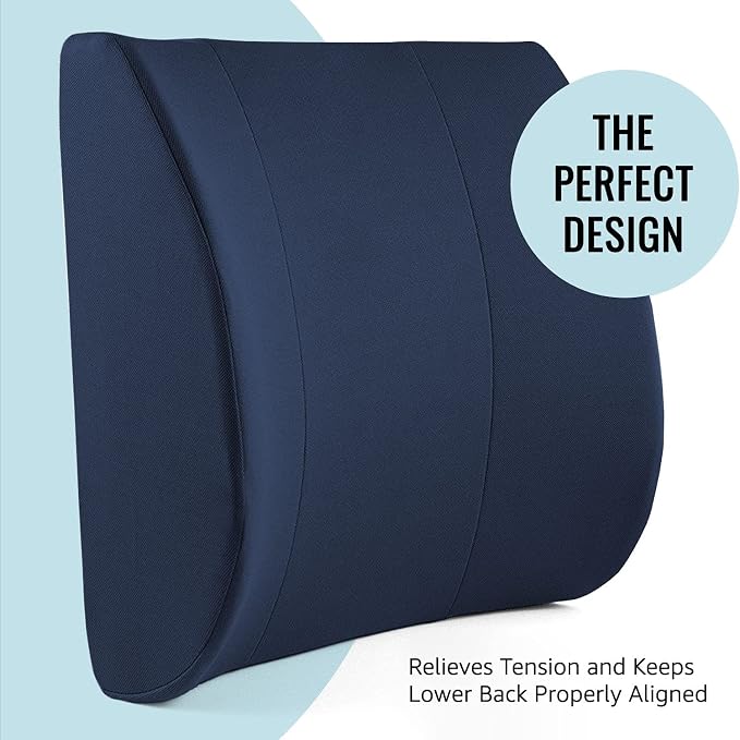 DMI Memory Foam Lumbar Pillow Support Pillow Back Support Chair Cushion with Strap for Better Posture and Easing Back Pain, Navy