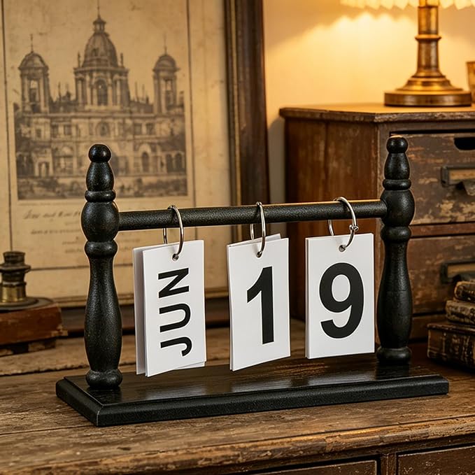 Wooden Perpetual Desk Calendar - Vintage Rustic Flip Calendar with Metal Rings & Reusable Daily Date Cards(Black)
