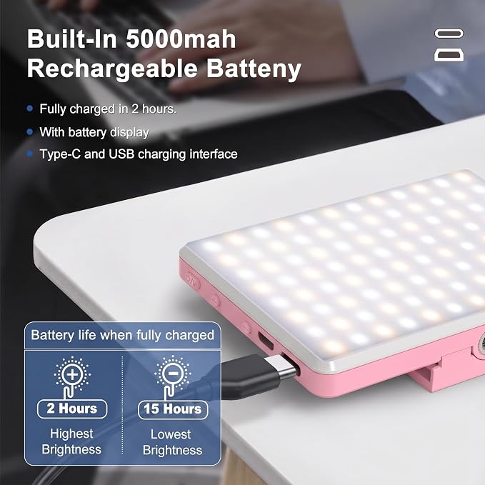 Selfie Light, Phone Light with Front & Back Clip, 60 LED Portable Light with 3 Modes, 5000mAh Rechargeable Video Light for Phone, iPhone, IPad, Laptop, TikTok, Makeup, Lighting Monolights(Pink)