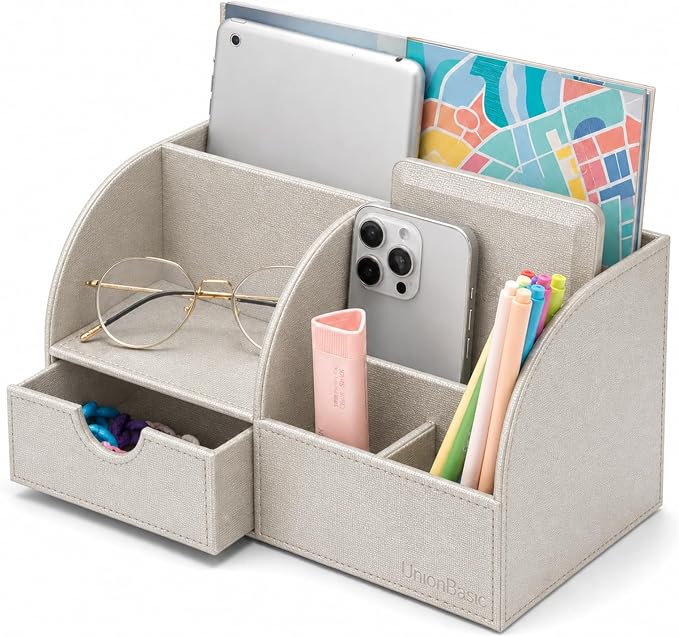 UnionBasic Desk Organizer - Multifunctional Leather Desktop Pen Holder Storage Box - Business Card/Pen/Pencil/Mobile Phone/Stationery Holder, Beige