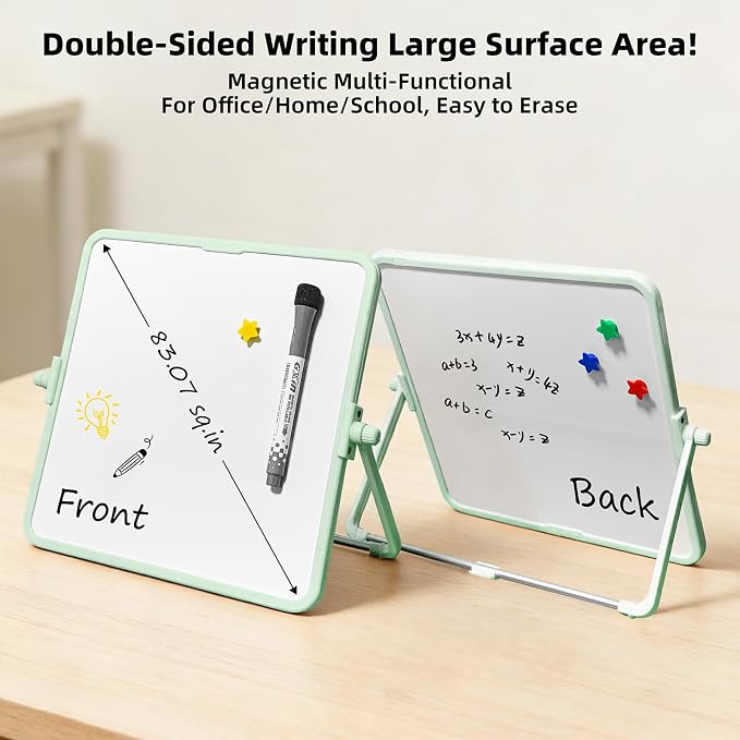 Colorful Dry Erase White Board 8.3x11in, Magnetic Desktop Board with Stand, 2 Markers (Eraser Head), 4 Magnets - Double-Sided Easel for Daily Planning, Memo, Office/Home/School (Green)