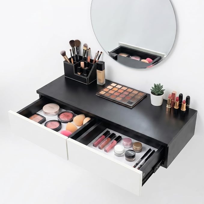 Wall Mounted Floating Vanity Desk with 2 Storage Drawers Modern MDF Makeup Table – 39.4 x 15.7 x 5.9 in (100 x 40 x 15 cm), Space-Saving Dressing Table for Bedroom or Small Spaces (Black)