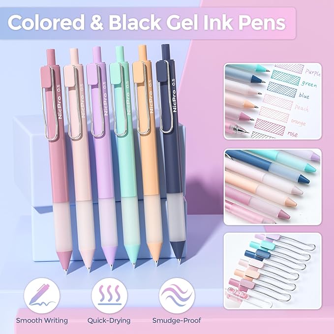 Nicpro 55PCS Aesthetic School Supplies with Pencil Case, 12 Pastel Highlighters, 11 Gel Pens, 6 Mechanical Pencils & Accessories, Cute Stationery Kit for Girls, Back to School Student Essentials