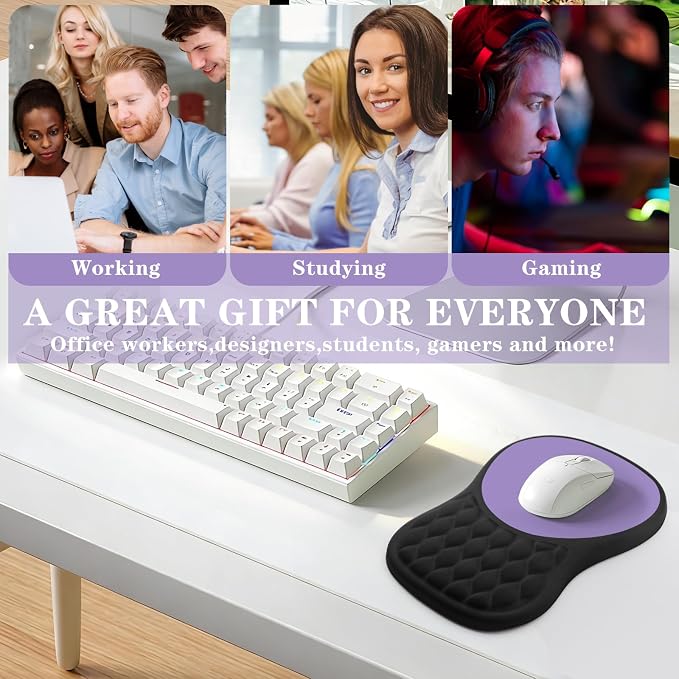 Ergonomic Mouse Pad with Wrist Rest, Memory Foam Mousepad with Wrist Support and Non-Slip PU Base for Pain Relief, Massage Bulge Mouse Mat for Office, Home, Computer Desk (Black + Purple)