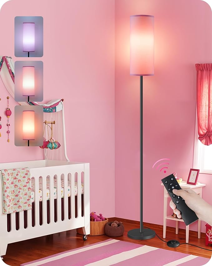2 Pack Dimmable Pink Floor Lamps for Living Room with 2 Remotes and Foot Switch, Corner Floor Lamp, 64.4'' Standing Tall Lamp, 10W 900LM Bulb Included, 3000K-6500K, Linen Shade, FCC Listed P06LDP205W1