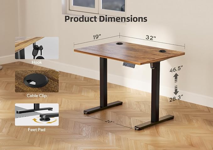 YDN Electric Standing Desk Adjustable Height, 32 x 19 Inches Stand up Desk with Cable Management, Home Office Desks with Splice Board & Black Frame, Rustic Brown Top