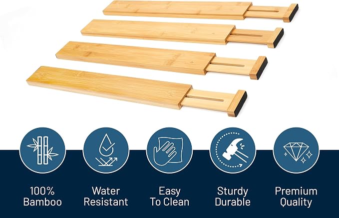 RoyalHouse Large Drawer Organizer (18" - 22") Adjustable Bamboo Drawer Dividers Organizers, Expandable Drawer Separators for your Kitchen, Bedroom, Bathroom, Dresser, Office, and More (4 pieces)