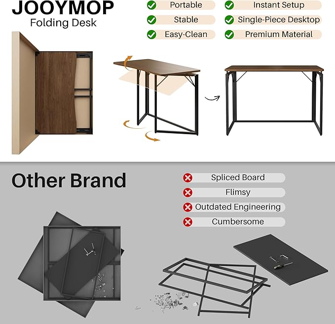 JOYMOOP 40" Folding Desk - Brown, No Assembly Middle Size Foldable Desk for Home, Office, Wooden Top Folding Computer Desk for Working, Writing, Studying