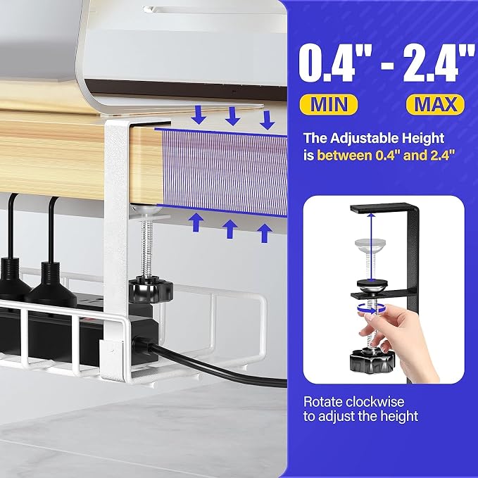 Under Desk Cable Management Tray, Xpatee Upgraded Wire Management No Drill No Screws, Cable Tray with Clamp for Wire Organizers, Computer Cord Rack for Office, Home - No Damage to Desk White