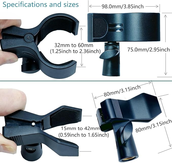 2 Pack KayNicam Universal Microphone Clip Holder for Dynamic & Condenser Mics - Adjustable Mic Clamp for 0.6" to 2.4" Diameter (1.5-6cm) - Includes 5/8", 3/8", 1/4" Metal Threads.