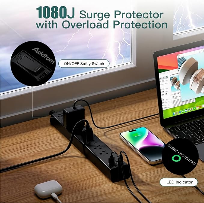 Addtam 10ft Power Strip Surge Protector with 6 Outlets and 4 USB Ports, 10FT Extension Cord with Flat Plug, Wall Mount Power Strip Charging Station for Home Office, Bedroom, Workshop and Garage