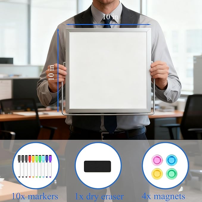 Small White Board with Stand, Double-Sided Desktop Whiteboard with 10 Markers, 4 Magnets & 1 Eraser, 10" x 10" Mini Dry Erase Board for Desk, Office, Kitchen, School, Kids Room