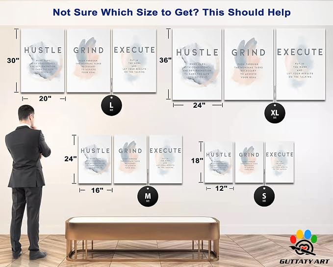 Office Wall Art - 3 Panel Motivational Wall Art, Inspirational Quotes Canvas Art for Home Office Wall Decor, Positive Quotes Wall Decor, Entrepreneur Grind Hustle Execution Poster Frame (16”x24”x3Pcs)