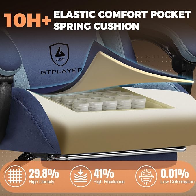 GTPLAYER Gaming Chair with Footrest, Ergonomic Office Chair 400lbs Heavy Duty, Big and Tall Computer Desk Chair with Lumbar Support and Headrest, Breathable Tech Fabric, 90-155° Recline Blue