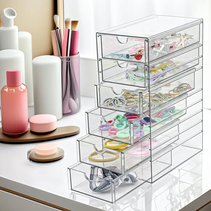 Clear Drawer Organizer, Transparent Plastic Storage Drawers, Hair Accessaries Organizer Case Display Stand, Acrylic Organizers for Organizing Eyeglass, Hair Ties, Accessories (Large - 6-Drawer)