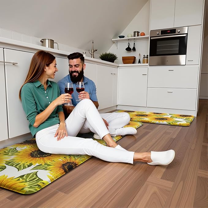 Sunflower Kitchen Decor Kitchen Mat, Cushioned Anti Fatigue Non-Slip | Bright Sunflower Pattern,Yellow docor,Cushioned Comfort,Non-Slip Backing,Waterproof Surface,Easy Clean,Kitchen Sink,Laundry