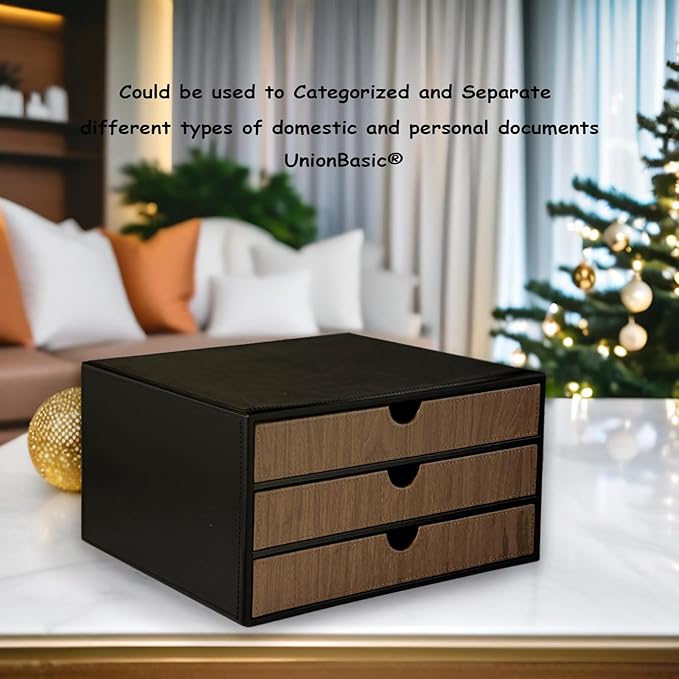 UnionBasic Document Organizer, 3-Drawer File Cabinet Document Storage Box, Office Desktop Filing Organizer, Black with Wood Grain Drawers