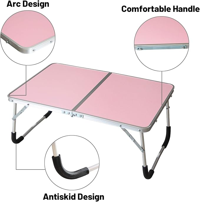 Jucaifu Foldable Laptop Table, Bed Desk, Breakfast Serving Bed Tray, Portable Mini Picnic Table & Ultra Lightweight, Folds in Half with Inner Storage Space (Pink)