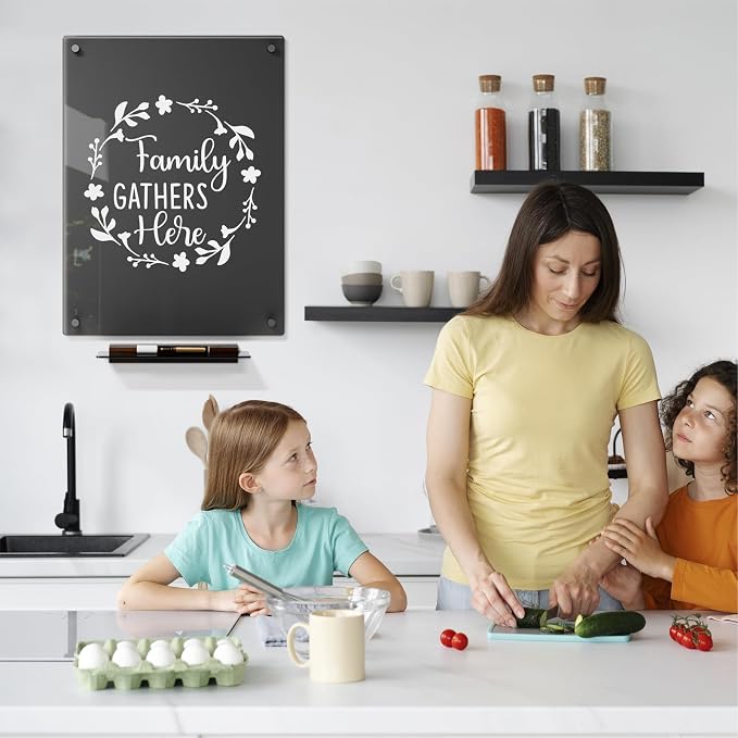 YEOUX Glass Dry Erase Whiteboard - 17"x23" Translucent Black Glass White Board for Wall with Wooden Based Floating Marker Tray, Non-Magnetic Writing Board for Kitchen, Home and Office