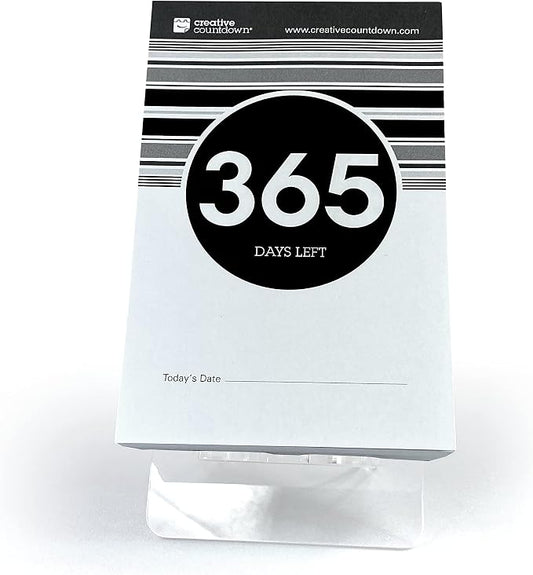 1 Year (365 Days) Event, Goal & Special Occasion Count Down Calendar - 5.75"x3.75" - Black & White Tear Off Countdown Calendar - Tear Away Desktop Calendar with Writing Space & Sleek Acrylic Display