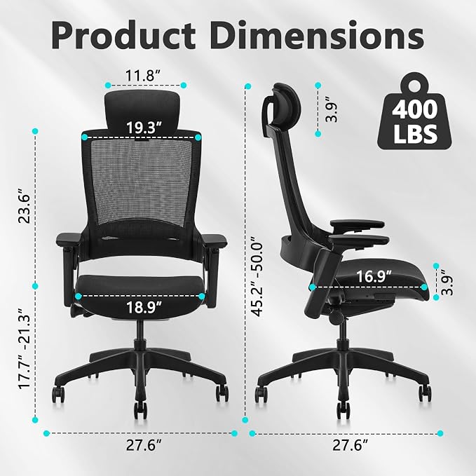 CLATINA Ergonomic High Swivel Executive Chair with Adjustable Height Head 3D Arm Rest Lumbar Support and Upholstered Back for Home Office Black Mesh 2 Pack