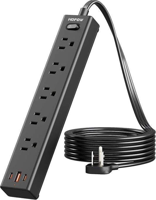 5Ft Extension Cord with Multiple Outlets, HOPOW Flat Plug Power Strip Surge Protector, 5 Outlets & 3 USB Ports (2 USB C), 1700 Joules, Wall Mount, Charging Station for Home Office Dorm, Black