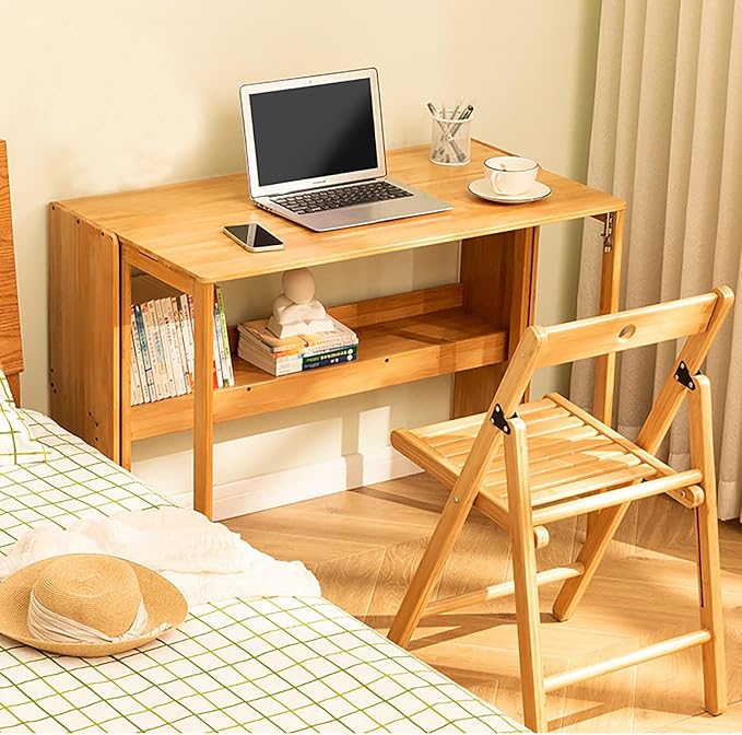 Modern Folding Desk, Small Computer Table Writing Desk Laptop Desk Vanity Table Bamboo Workstation with Bookshelf for Home Office