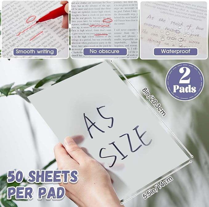Gueevin 100 Sheets 5.5 x 8 Inch Transparent Sticky Notes, Extra Large Clear Self Sticky Notes, 2 Pads Waterproof Jumbo Translucent Paper, Office Supply(Blank Style)