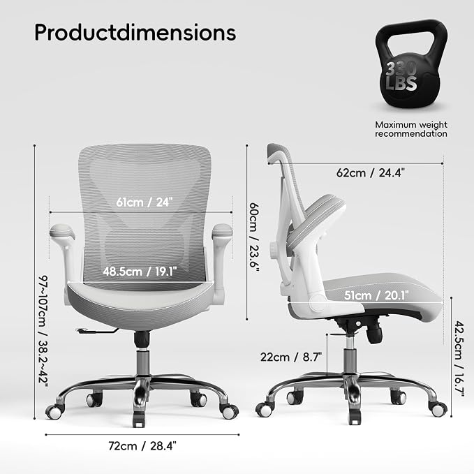 Ergalithic Office Home Ergonomic Desk Chair-Computer X-Shaped Chair Mesh PU Leather with Adjustable Lumbar Support-Executive Chair High Back Flip-Up Arms for Long Hours (White-Grey-No Headrest)