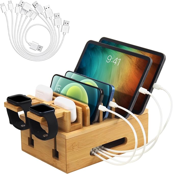 Bamboo Charging Station for Multiple Devices, Desktop Organizer Docking Station, Natural Bamboo Desk Storage Stand for Phone, Tablet, Earbuds, Smart Watch (Power Adapter Not Included)