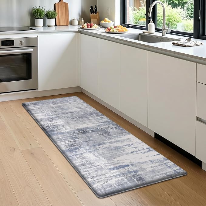 LOKHOM Anti Fatigue Kitchen Mats for Floor, 24x59 Non Slip Modern Cushioned Standing Comfort Kitchen Runner Rug, Waterproof Abstract Memory Foam Padded for Sink Laundry Office, Blue Grey