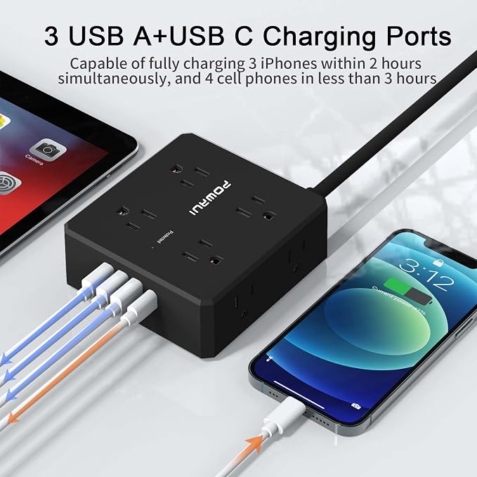 Surge Protector Power Strip - 6 Ft Flat Plug Extension Cord with 8 Widely Outlets and 4 USB Ports(1 USB C), 3 Side Outlet Extender for Home Office, Black, ETL Listed