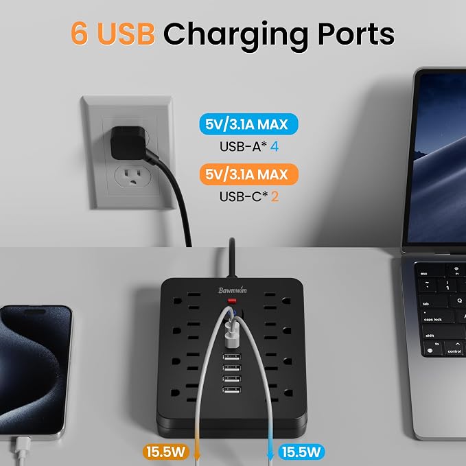 2 Pack Surge Protector Power Strip, 8 Outlets(1850W/15A/14AWG), 6 USB Charging Ports(2 USB C), 6FT Flat Plug Extension Cord Outlet Extender with Overload Protection, ETL Certified for Office.