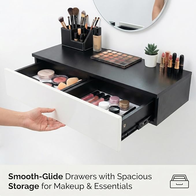 Wall Mounted Floating Vanity Desk with 2 Storage Drawers Modern MDF Makeup Table – 39.4 x 15.7 x 5.9 in (100 x 40 x 15 cm), Space-Saving Dressing Table for Bedroom or Small Spaces (Black)