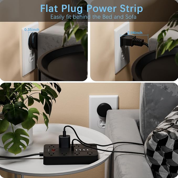 Power Strip with Multiple Outlets, HUNIAN Flat Plug 10 Ft Long Extension Cord with 8 Widely Spaced Outlets 6 USB (1 USB C Port), Wall Mount Charging Station for Home and Office