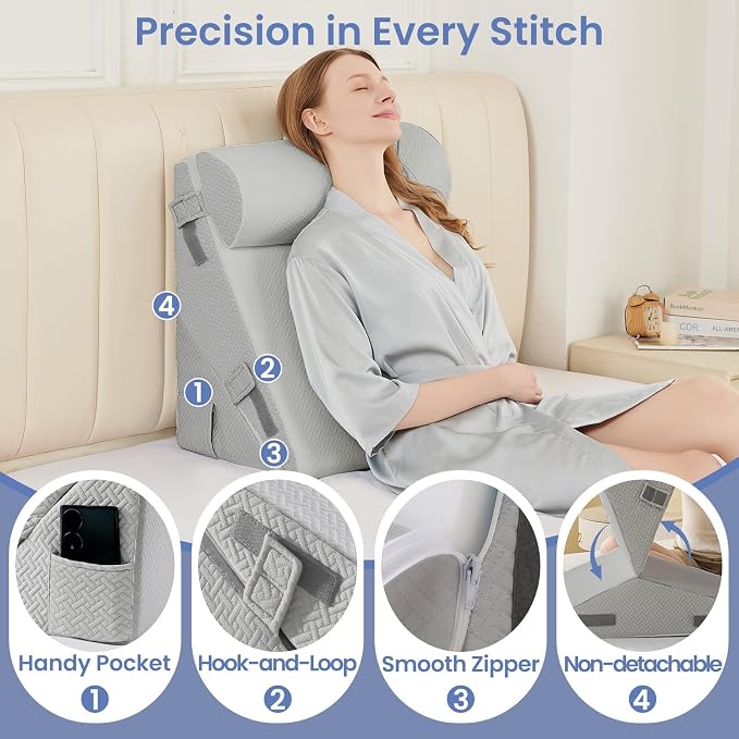Sasttie Adjustable Wedge Pillow Set for After Surgery, Light Grey | Bed Wedge Pillow Headboard with Memory Foam Neck Cushion, for Acid Reflux, Sleeping, Neck & Back Support